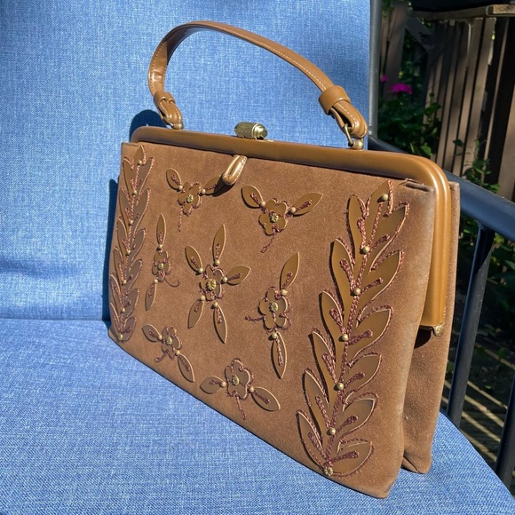 Vintage 60s 70s Brass Clasp Embellished Shoulder Bag Purse - Picture 4 of 15